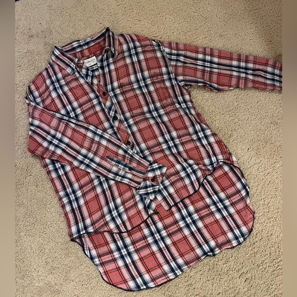 Denim & Supply Ralph Lauren Women's Peach and Blue Plaid Shirt